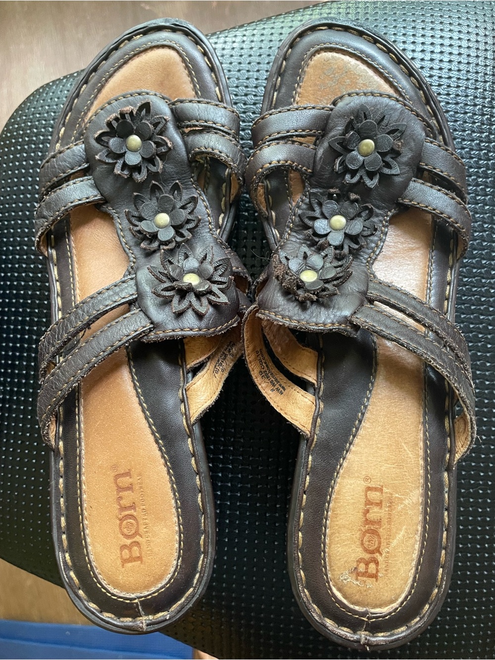 Born Brown Floral Leather Slide wedge Sandals